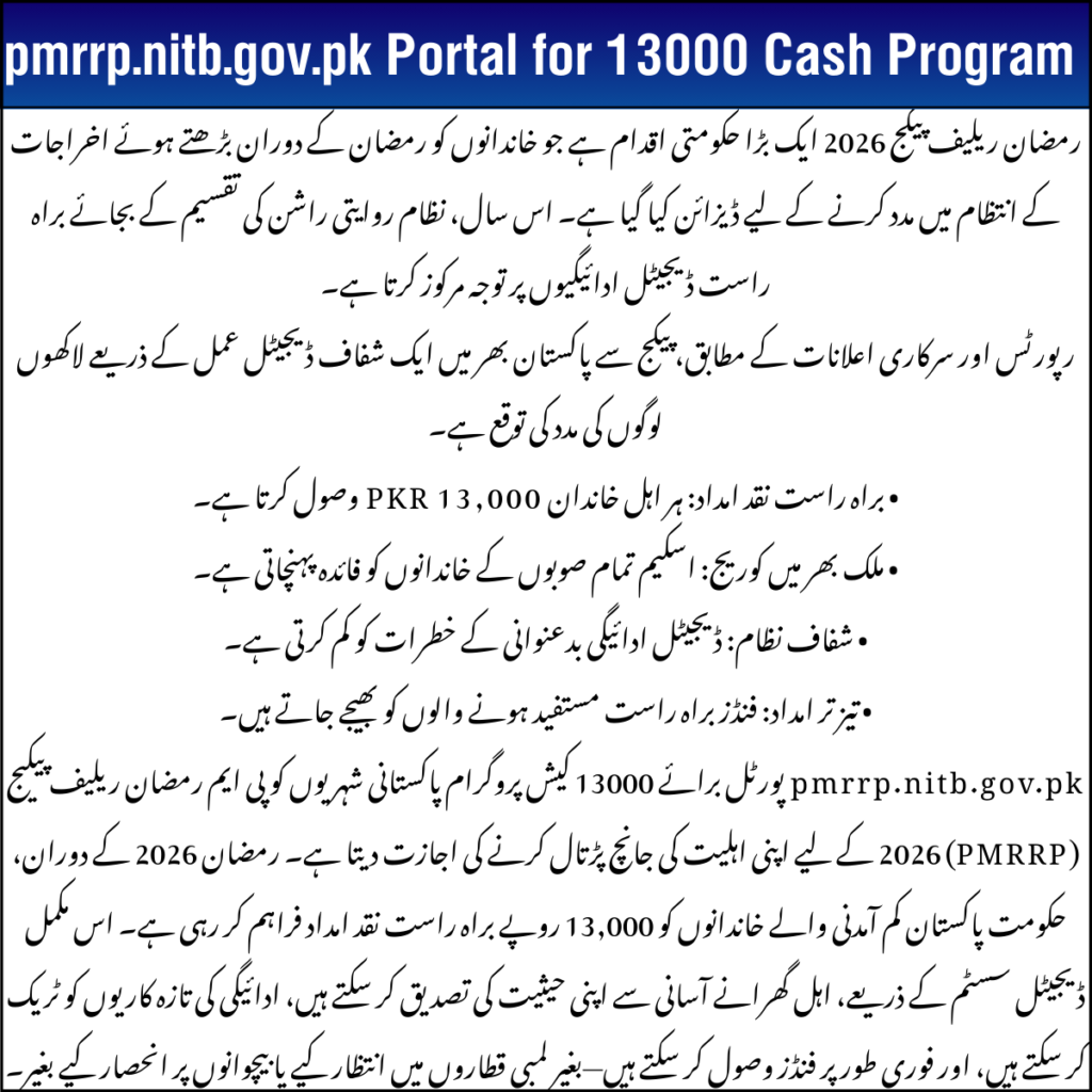 pmrrp.nitb.gov.pk Portal for 13000 Cash Program