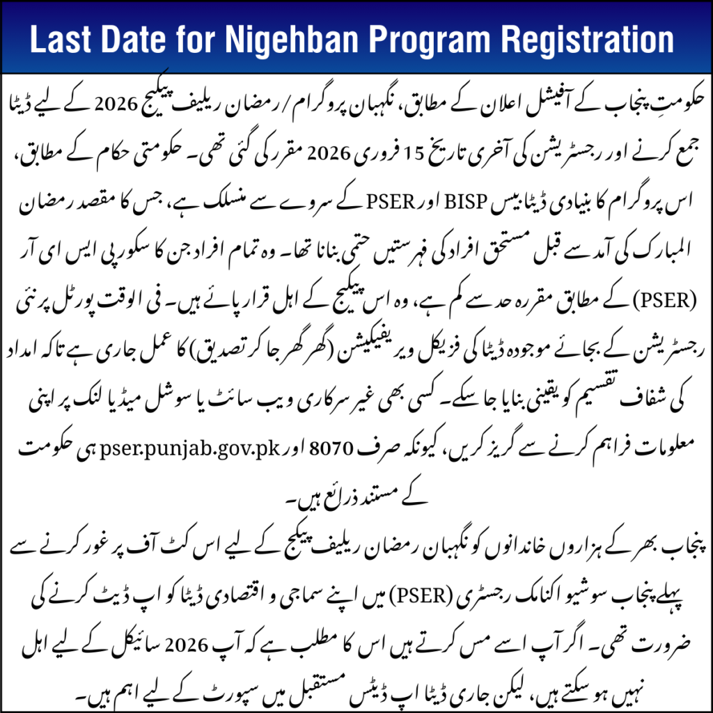 Last Date for Nigehban Program Registration
