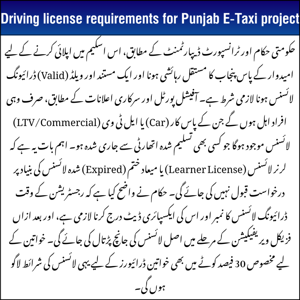 Driving License Requirements for Punjab E-Taxi